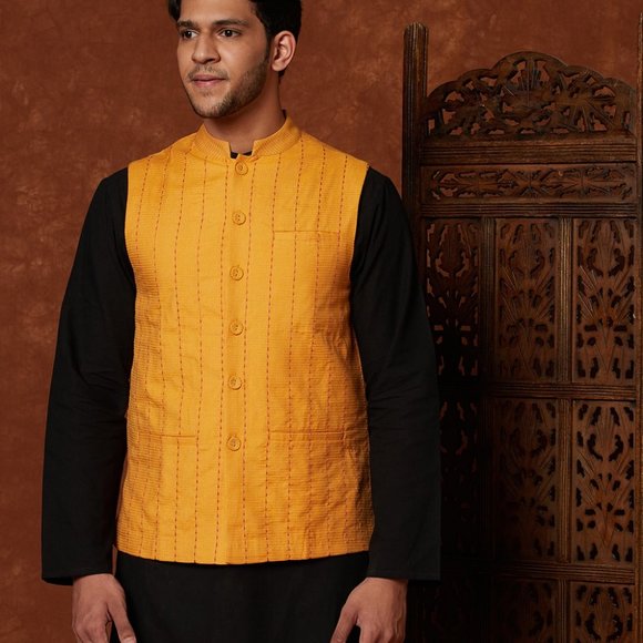 Fabindia Men's Yellow Viscose Blend Geometric Nehru Jacket Size L - Picture 8 of 8